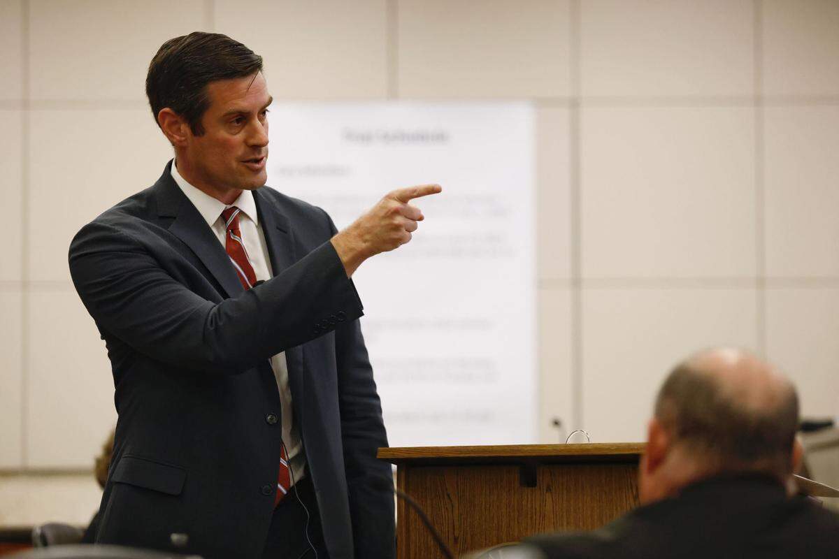 San Luis Obispo County Deputy District Attorney Christopher Peuvrelle makes a point in Monterey County Superior Court in Salinas on Monday, July 18, 2022.