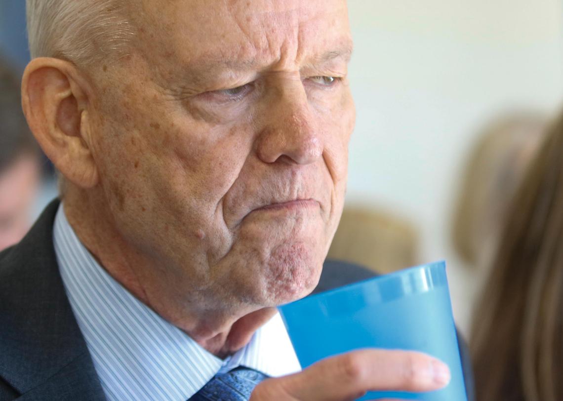 Pismo Beach Mayor Ed Waage samples the water at the ribbon-cutting and opening of Central Coast Blue, a new advanced water purification demonstration facility.