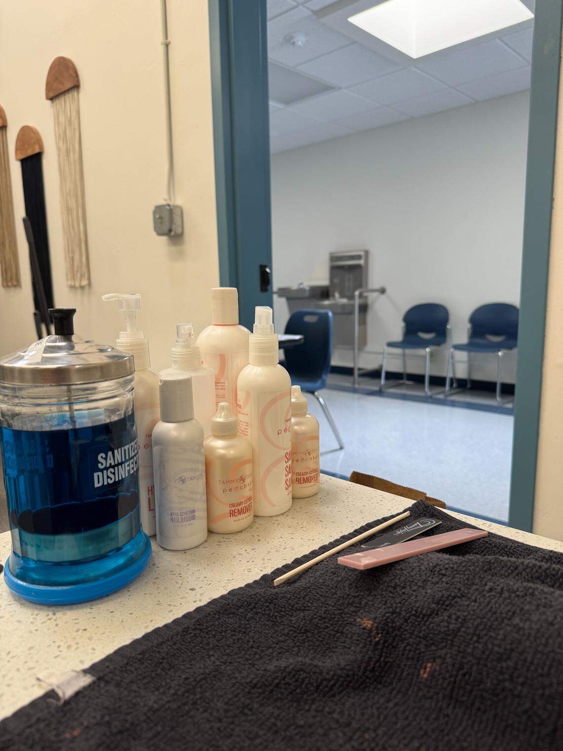 Nail products sit at a manicure station at The Salon at Lucia Mar in Arroyo Grande on Feb. 17, 2026.