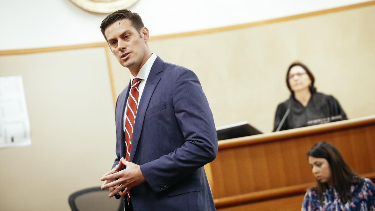 Deputy District Attorney Christopher Peuvrelle makes his opening statement in the May 2018 murder trial of Charles Giese. Giese was convicted of the first-degree, premeditated murder of roommate Walter Vallivero, 54, in the mobile home the two shared in rural San Luis Obispo in November 2015. 