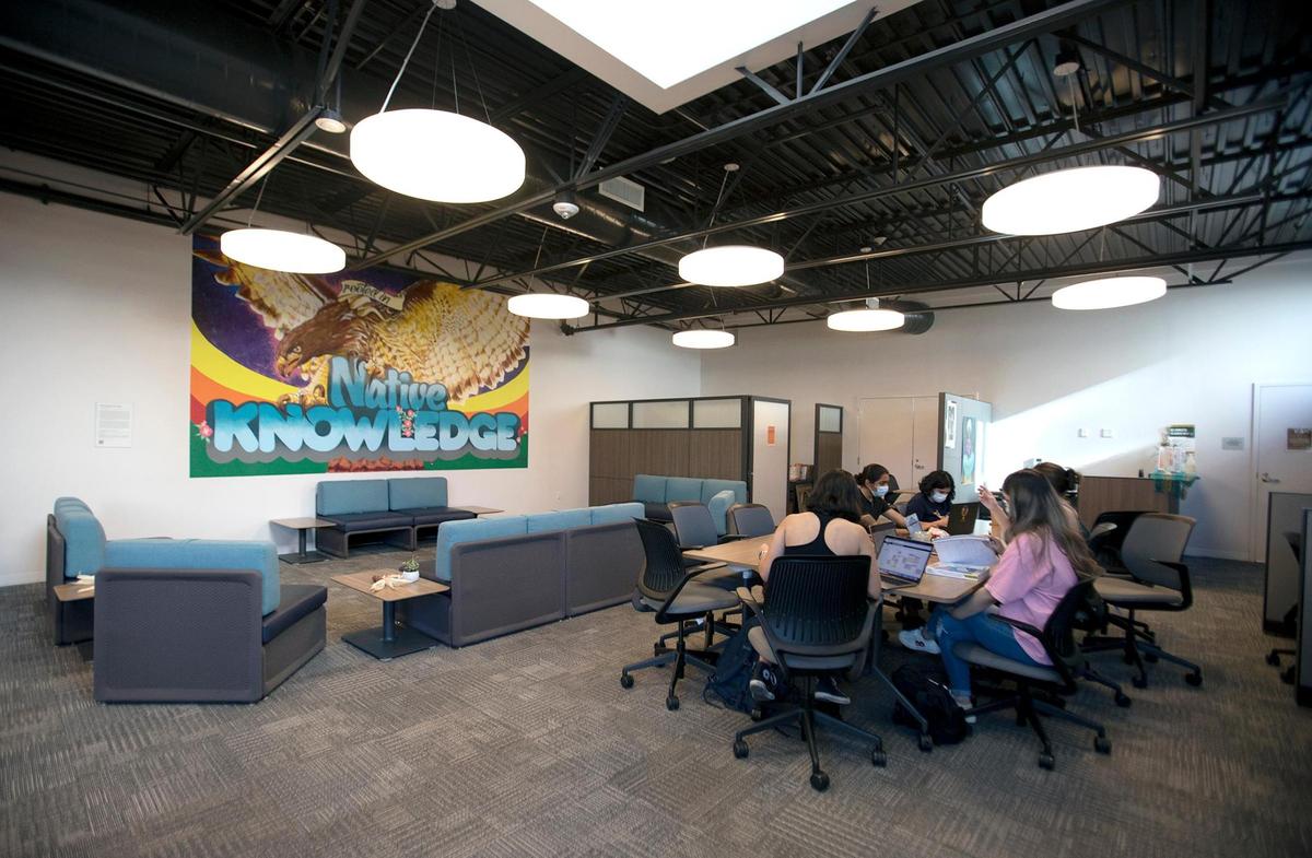 The Native American and Indigenous Cultural Center seeks to embrace and encourage students to (re)connect to the traditions and cultures of Native American and Indigenous peoples. Students hold a study session in the center.