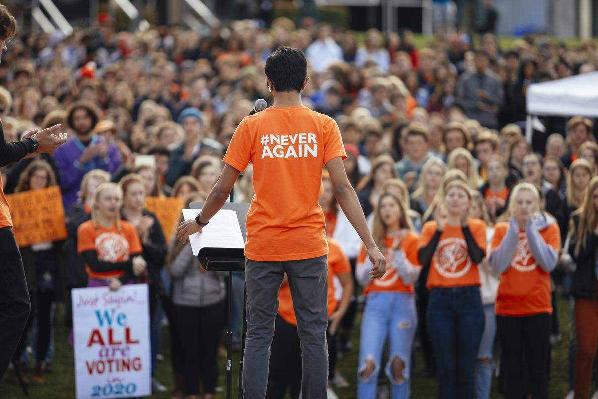Senior Rutik Shinglot speaks to the Hundreds of students who walked out of class at San Luis Obispo High School as part of the National Walkout for Gun Safety on March 14.