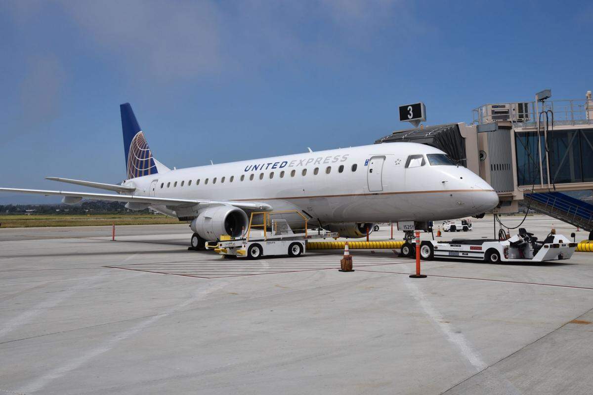 A United Airlines plane seen at Santa Barbara Airport in May 2020. 