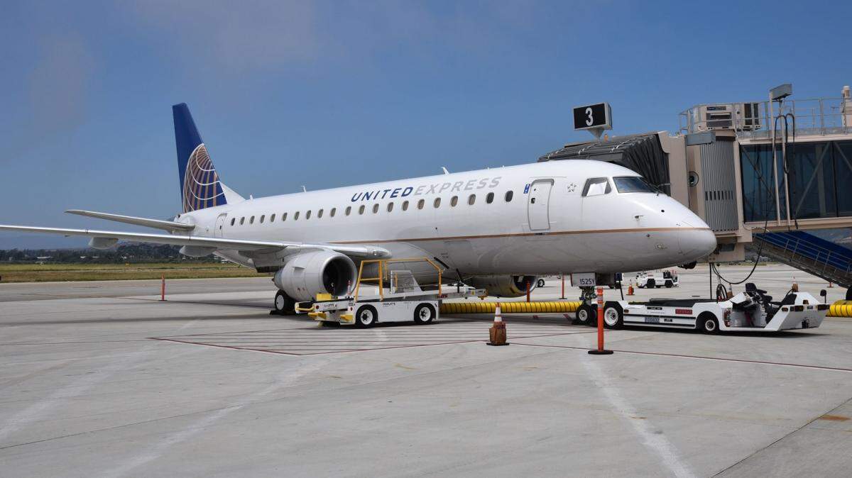 A United Airlines plane seen at Santa Barbara Airport in May 2020. The airline will start daily direct flights to Chicago in June 2021.