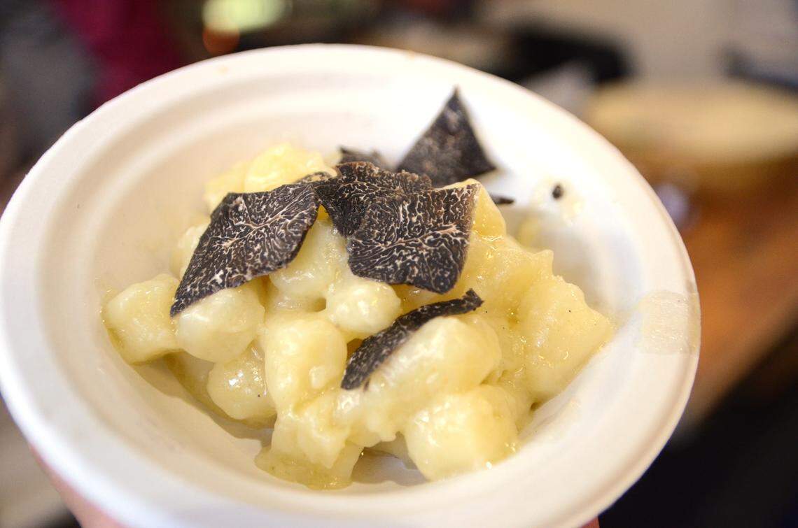 Four grams of fresh black truffles top gnocchi with clarified butter from Pizza Gnocci Bar in the Prahran Market in Australia.