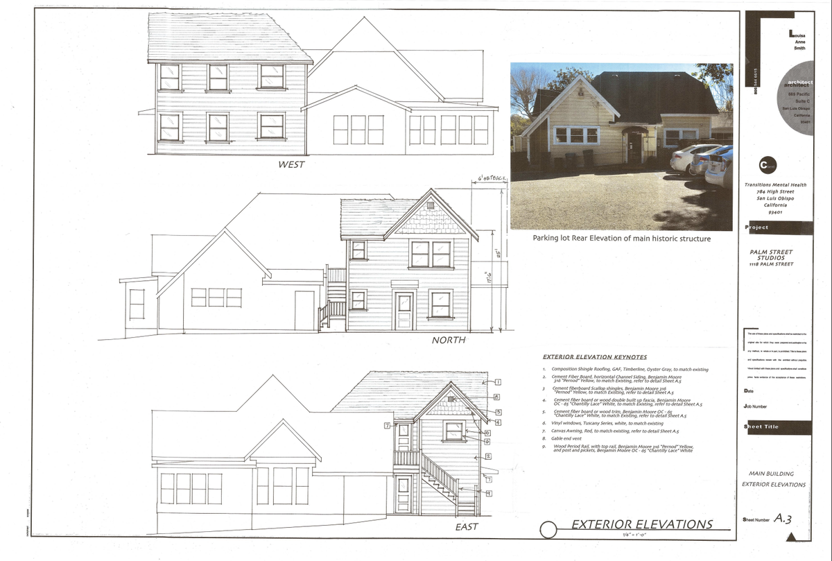 A blueprint for Transitions-Mental Health Association’s Palm Street Studios in San Luis Obispo shows the extended two-story addition to the house, which will contain a total of six housing units inside the building with two ADUs behind the dwelling.