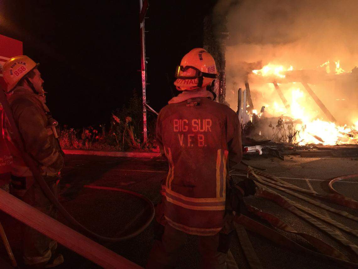 Big Sur Fire firefighters respond to a structure fire at Lucia Lodge in Big Sur on Tuesday, Aug. 10, 2021.