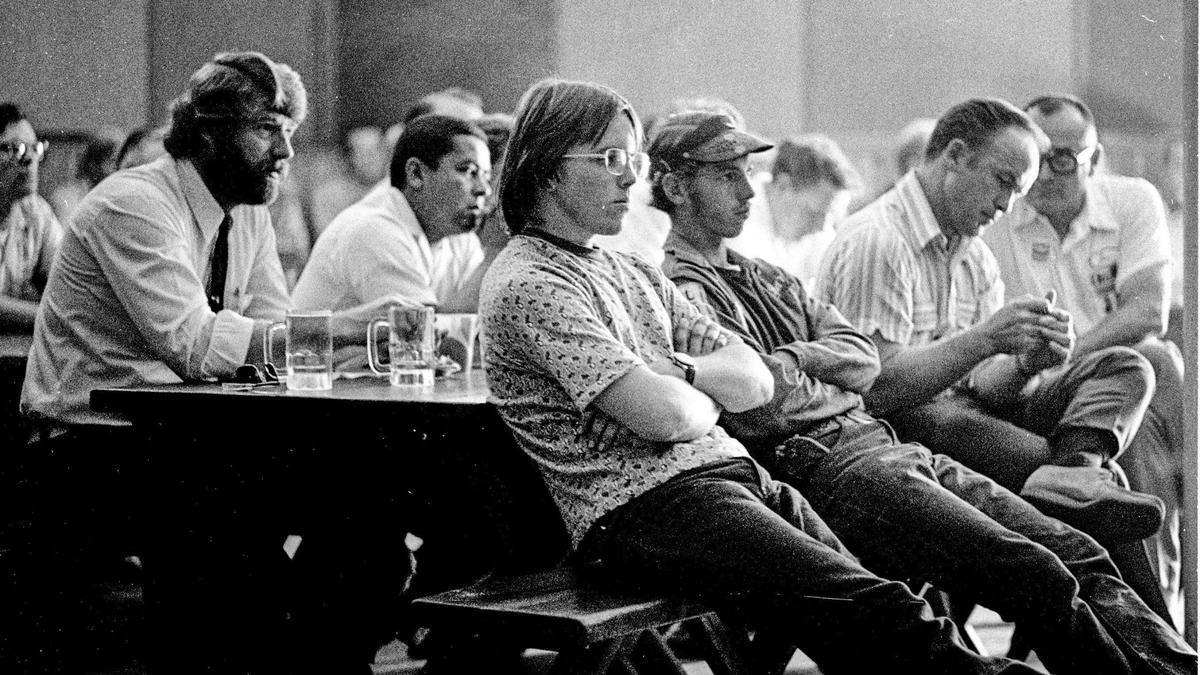 Service station operators make plans for protest in a meeting at the Pizza Pantrey. The decided to close and boycott sales in protest of Richard Nixon’s Phase IV restrictions that prevented them from raising prices even when their price to buy wholesale gas was rising Sept. 19, 1973.