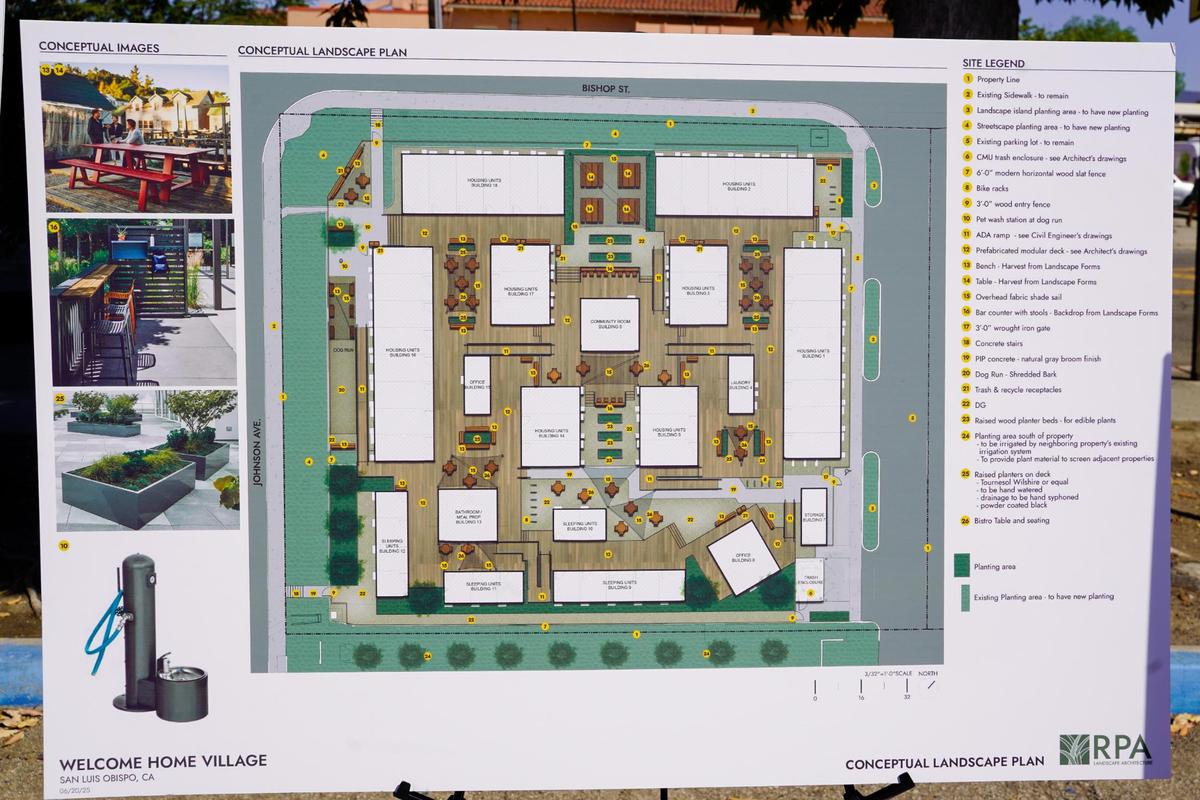 An updated map of the Welcome Home Village transitional housing project shows a new site layout at the project groundbreaking on Wednesday, June 25, 2025. The project was reduced from a total of 80 cabins to 54 due to a funding issue earlier this year.