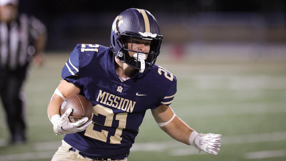 Drew Harrigan runs for the Royals in MIssion Prep’s 18-15 win over Aptos in a home football game at Cal Poly’s Spanos Stadium on Sept. 8, 2023.
