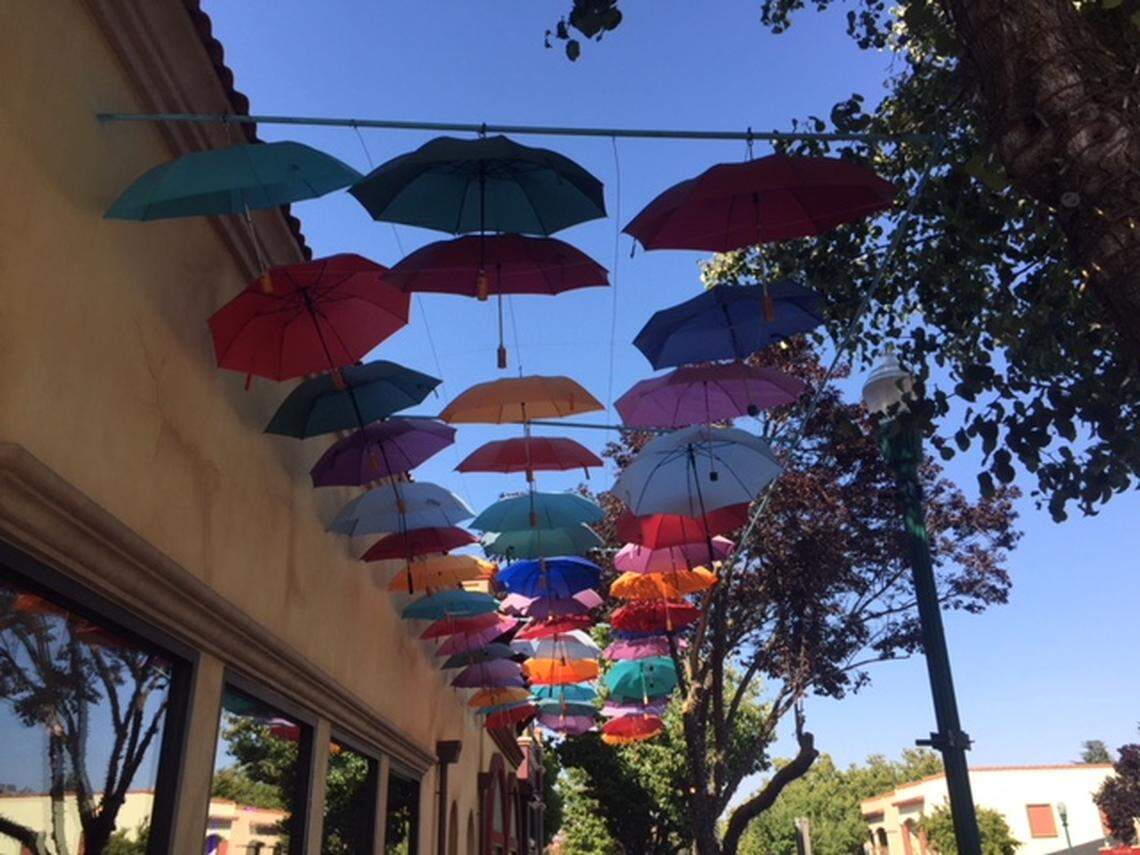 A floating umbrella canopy hangs outside LaDonna’s, a restaurant in downtown Atascadero.