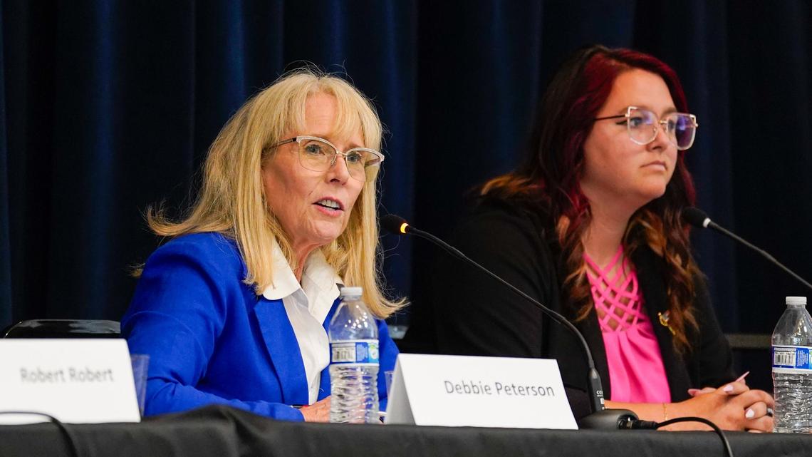 Grover Beach mayoral candidate Debbie Peterson speaks at a forum hosted by the League of Women Voters Tuesday, Sept. 17, 2024.
