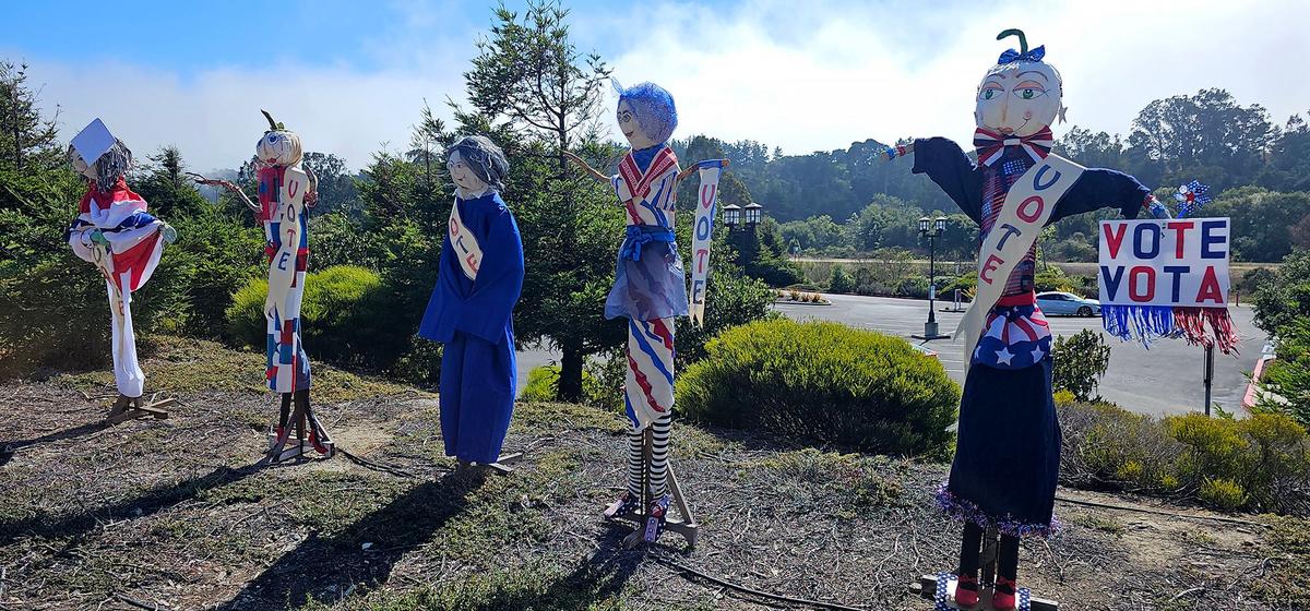 Cambria’s Scarecrow Festival is back. It runs the entire month of October. A group of scarecrow sculpture—who inspires people to vote—near the Mechanic’s Bank on Main Street.