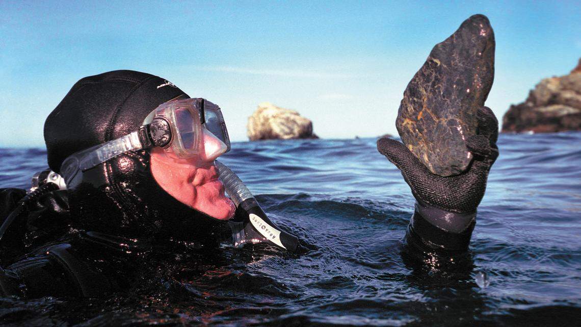Drew Arnold holds up a piece of jade he pulled up from the sea floor during a morning outing in Big Sur. Arnold carves the jade into art and jewelry. See more photos »