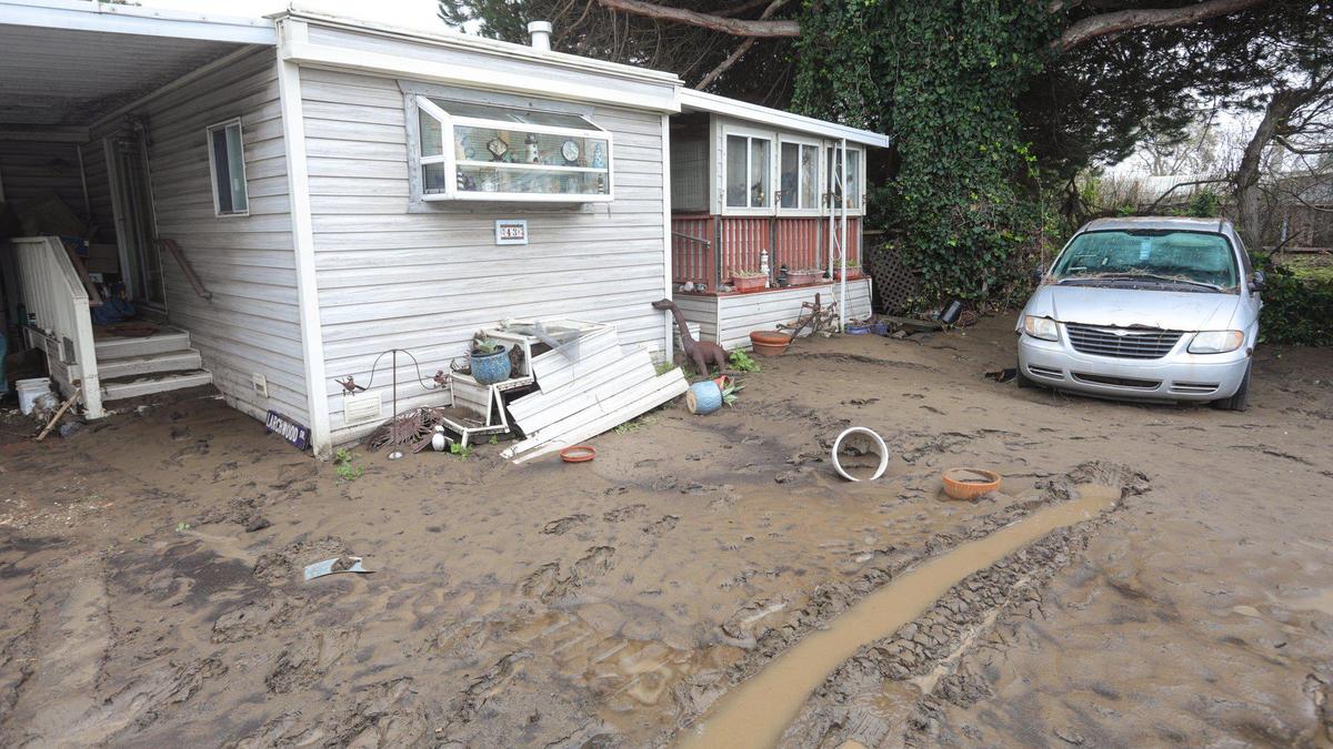 The Silver City West mobile home park in Morro Bay was filled with mud after the Little Morro Creek flooded. A break in the storm track on Jan. 10, 2023 after a series of atmospheric river storms hit the coast.