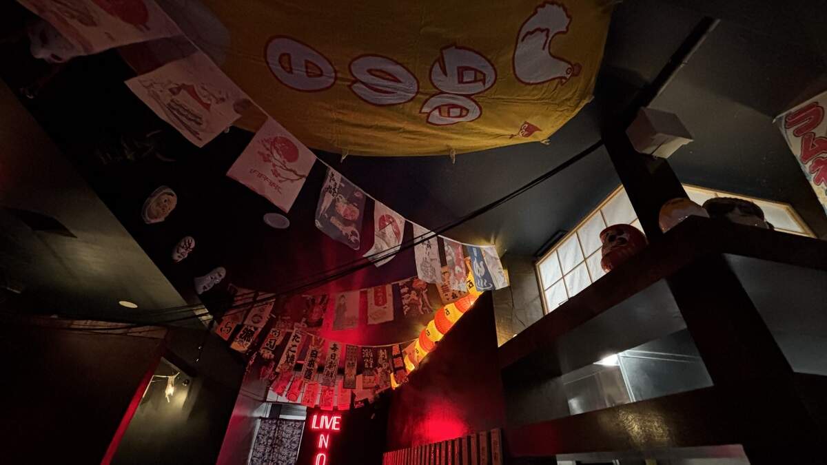 Momotaro Ramen and Izakaya in Atascadero has telephone cables and flags that hang from its ceiling, helping to evoke the feel of a an alleyway in Japan, seen here on June 19, 2026.