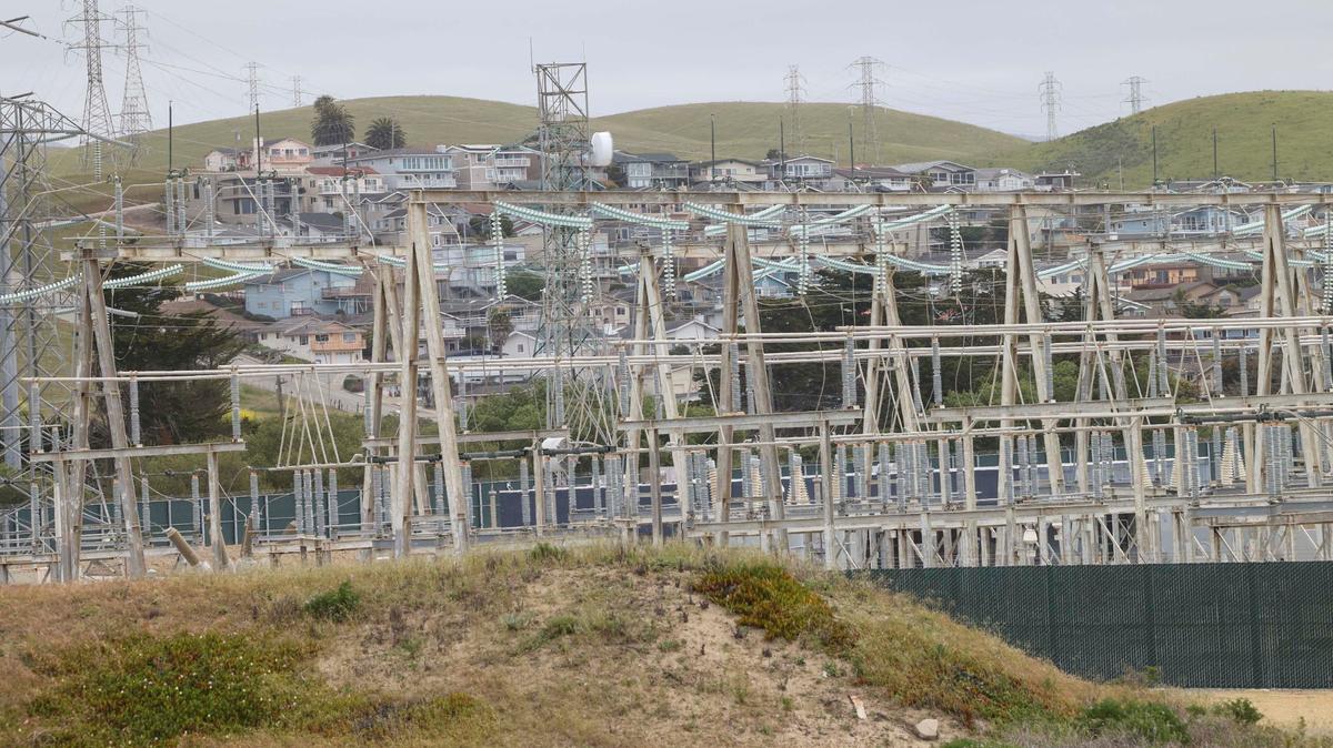 The PG&E switching station on the Morro Bay Power Plant, shown here on April 24, 2024. California legislators are botching a plan for the state to join a western-wide electricity market to lower energy costs.