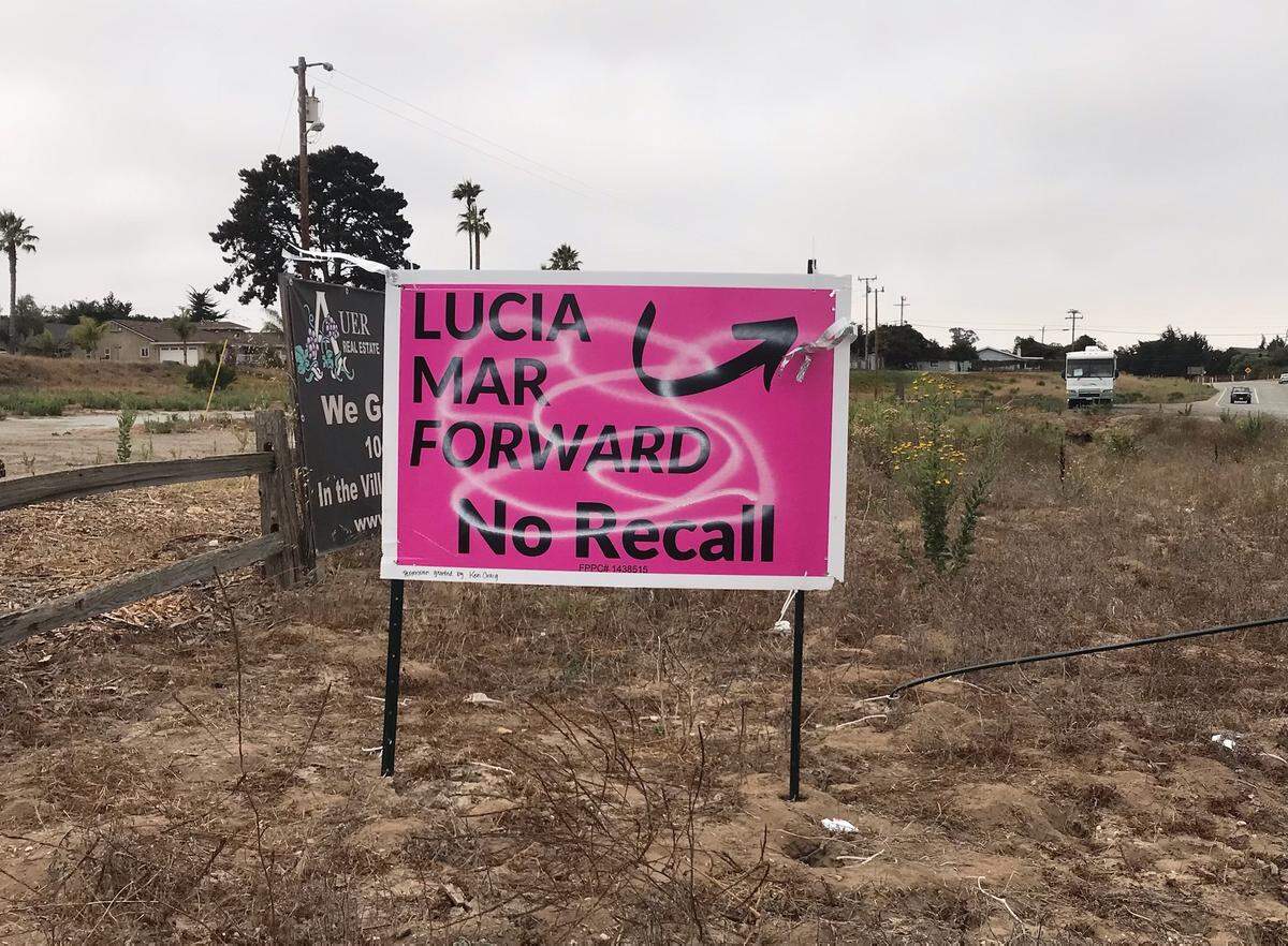 A “No on Recall” sign on Highway 1 in South County was recently vandalized. Several signs opposing an attempt to oust three Lucia Mar Unified School District trustees have been defaced.