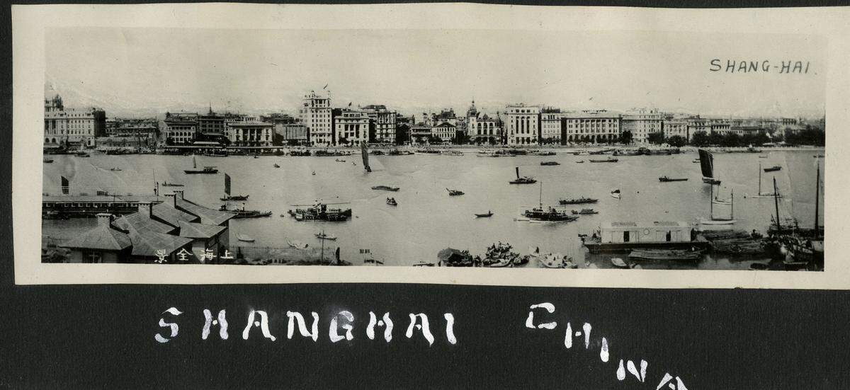 Howard Louis was a talented photographer and shot this panoramic view of Shanghai, China with boats on the Huangpu River. Ah Louis and his sons Frank and Howard toured the birthplace of Ah Louis in China in 1933.