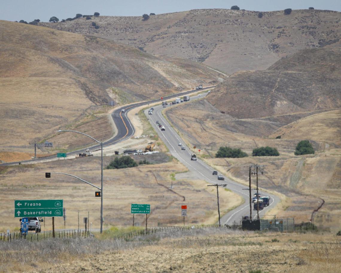 Traffic travels existing Highway 46 at center looing east. Construction continues on the new interchange at the Y where Highway 41 from Fresno meets Highway 46 between Paso Robles and Bakersfield, seen on June 3, 2025.