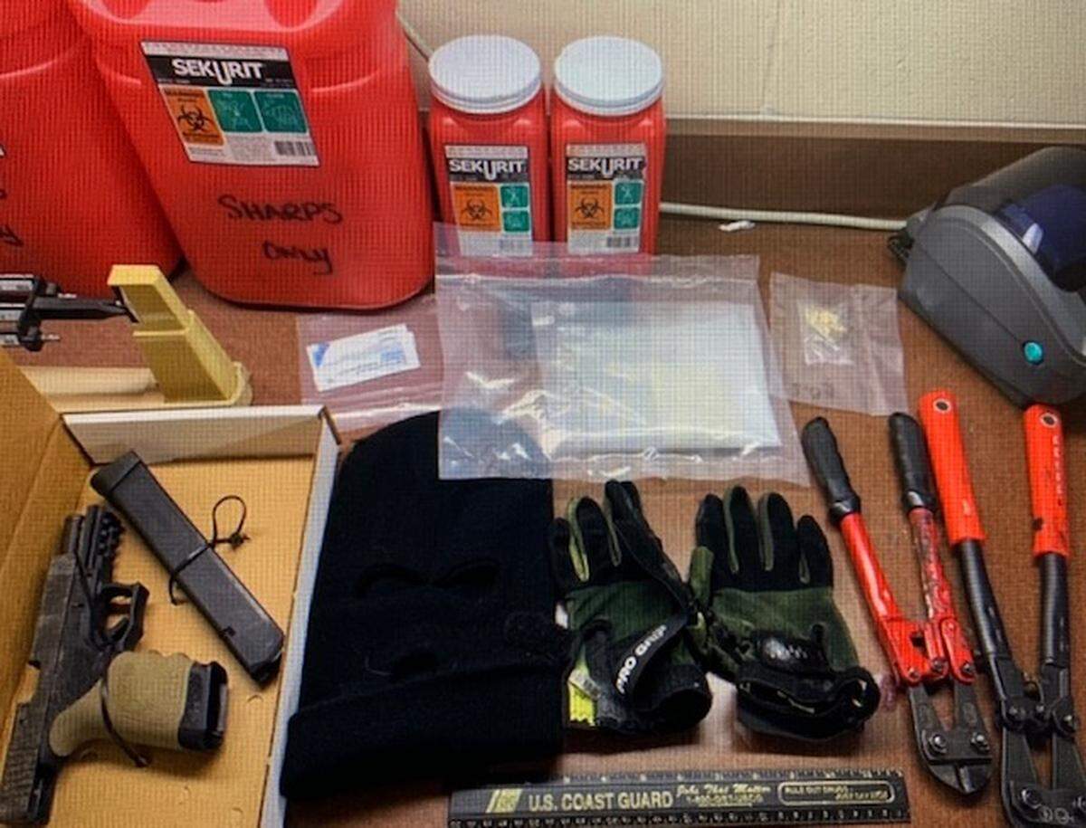 Officers found narcotics, two sets of bolt cutters, a pair of gloves, and a black ski mask after arresting two people, the Paso Robles Police Department said. A loaded .40 caliber Glock hand gun with an illegal 30-round high capacity magazine was also found, police said.
