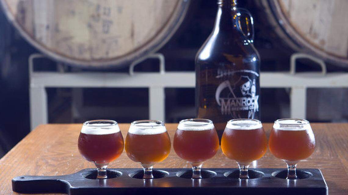 A flight of beers at ManRock Brewing Co. in Grover Beach features Fear the Reaper (amber), Murder (double IPA), Sabatoge (strong ale), Eat Crow (triple IPA) and Hop Dealer (barleywine).