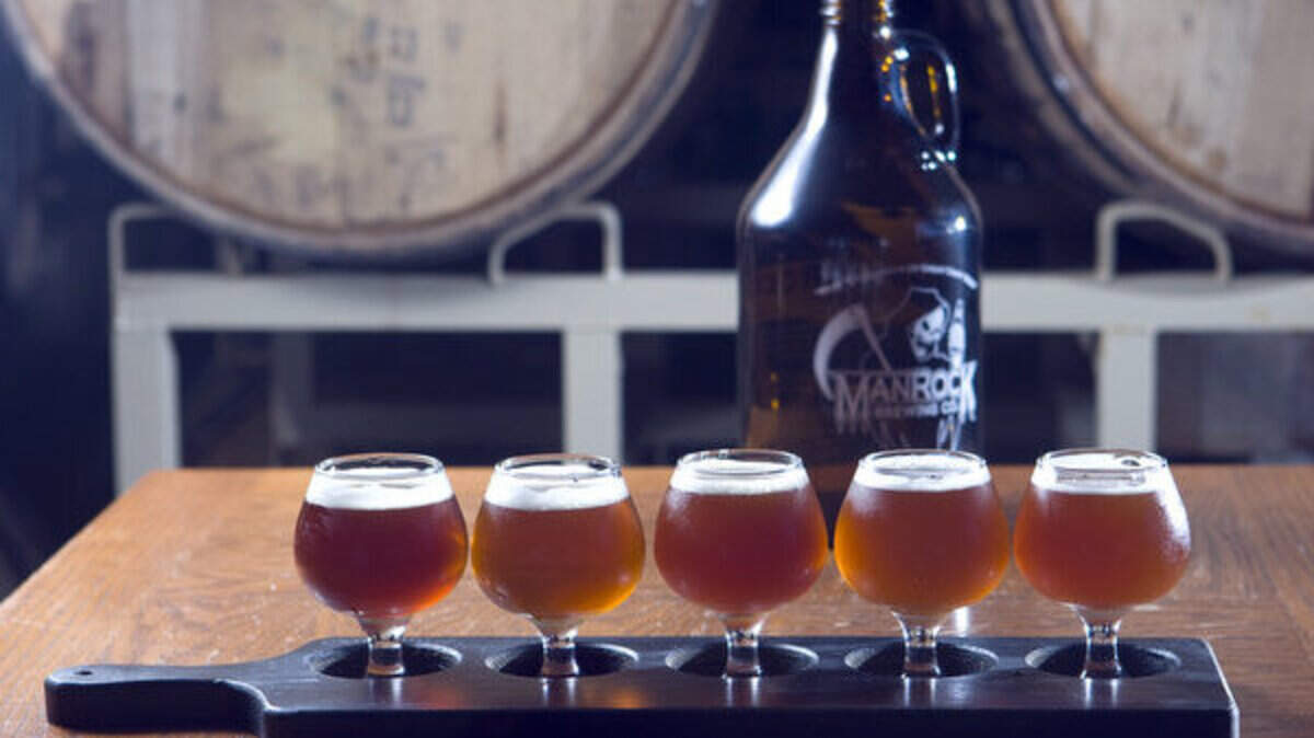 A flight of beers at ManRock Brewing Co. in Grover Beach features Fear the Reaper (amber), Murder (double IPA), Sabatoge (strong ale), Eat Crow (triple IPA) and Hop Dealer (barleywine).