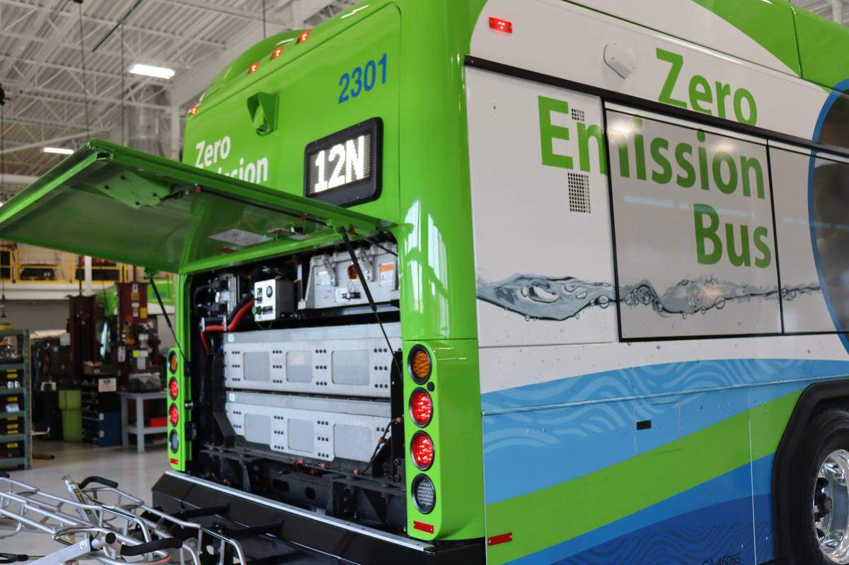 A $11.5 million investment for the SLO Regional Transit Authority center will help double the size of a new zero-emission bus fleet from seven to 14 all-electric public transit vehicles. The buses have seven battery packs that can all together last a full eight-hour driving shift. Rep. Salud Carbajal visited the center during a tour on Thursday, Aug. 8, 2024.