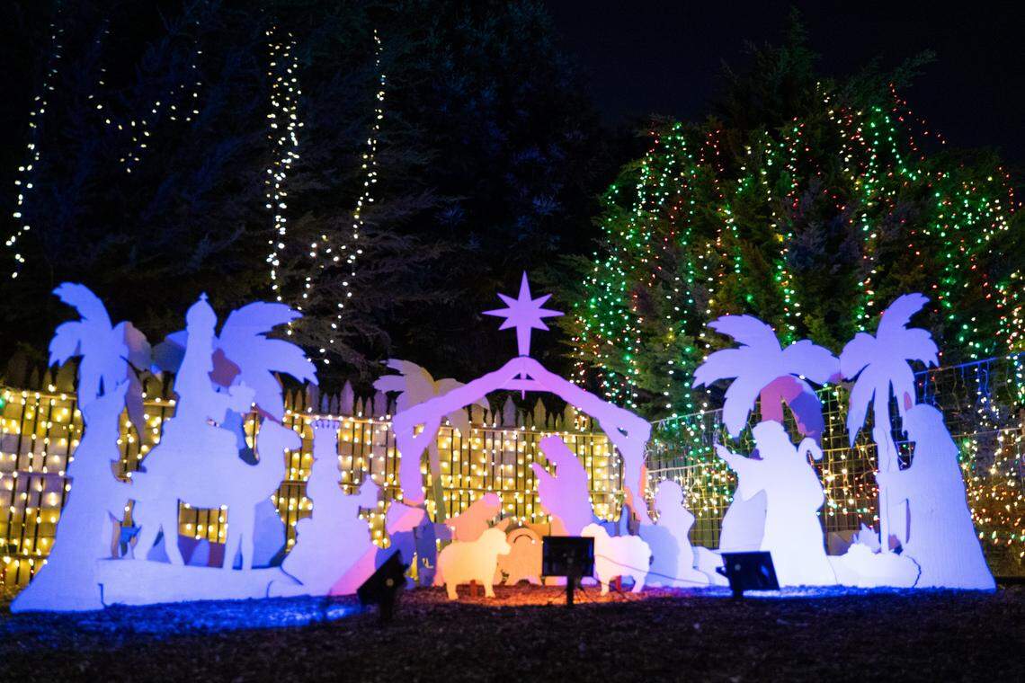 A light display depicting the nativity is illuminated at the Cambria Christmas Market on Friday, Nov. 21, 2025. The annual Christmas market will open its doors on Nov. 29, 2025.