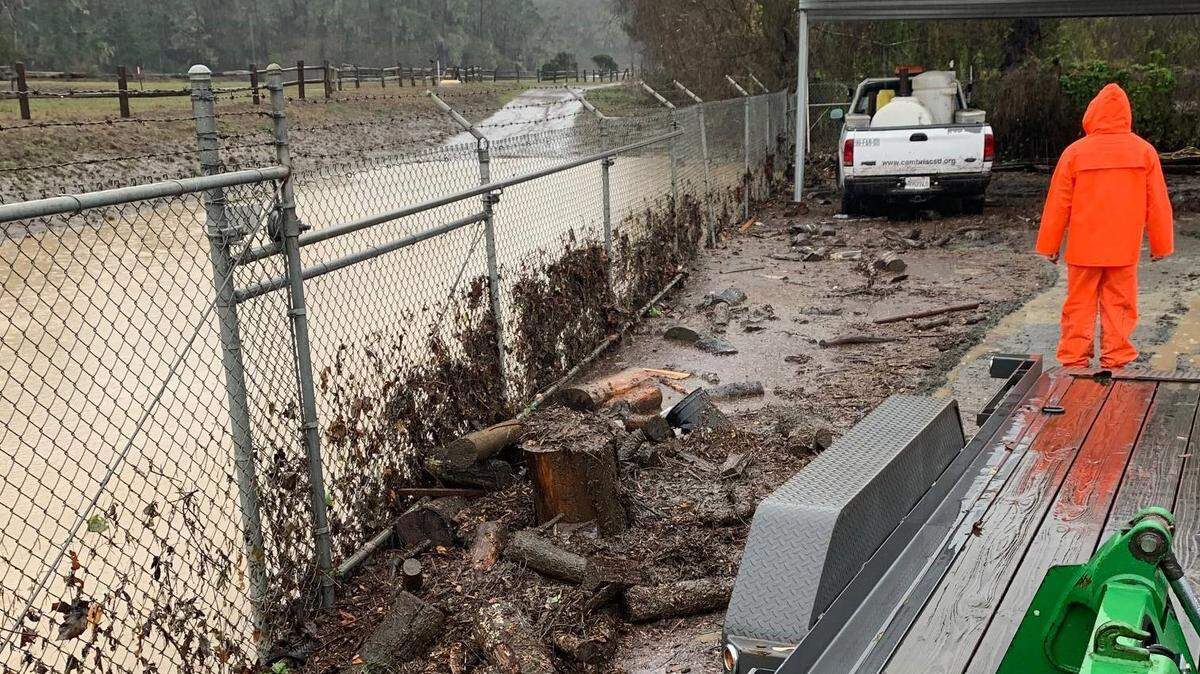 After flood waters receded Jan. 28, 2021, debris remained at the Cambria Community Service District’s Facilities and Resources Department office site on Rodeo Grounds Road. 