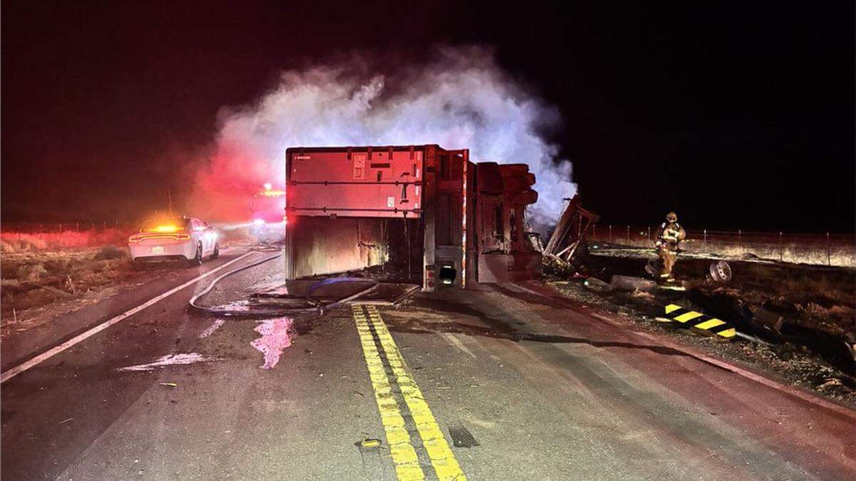 A semi overturned and caught fire on Highway 166 on September 30, 2025. The crash blocked traffic Tuesday night and resulted in one-lane traffic control on Wednesday morning.