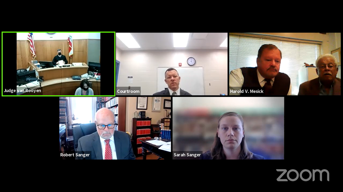 A Zoom live video feed screengrab of a June 21, 2021, San Luis Obispo Superior Court hearing for Paul Flores, top center, and Ruben Flores, upper far right, accused in the alleged murder of Cal Poly freshman Kristin Smart.