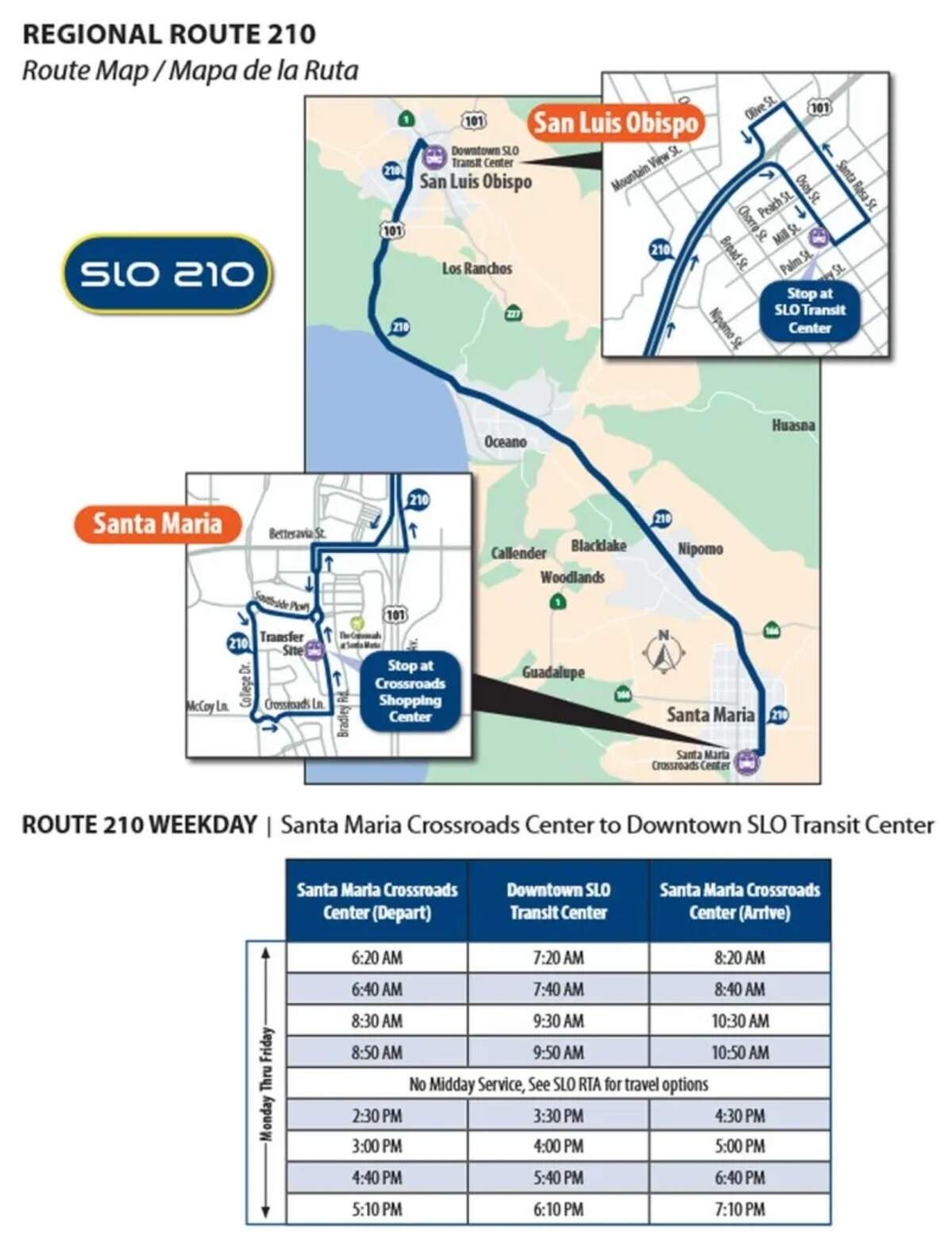 A route map and schedule for the Route 210 express bus between Santa Maria and San Luis Obispo.