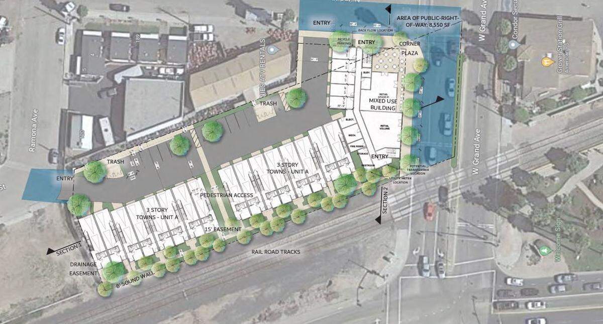 A new mixed-use project will add 23 condominium units and 2,500 square feet of commercial retail and outdoor patio space at the very end of West Grand Avenue near Highway 1. A rendering shows the development configuration.