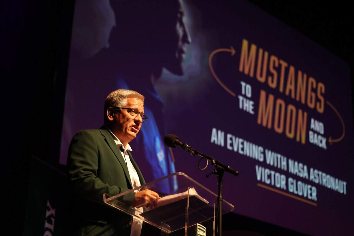Cal Poly President Jeffrey Armstrong introduces NASA astronaut Victor J. Glover, who was pilot of NASA's Artemis II mission to the moon in April 2026. The Cal Poly graduate spoke at the PAC on June 16, 2026.