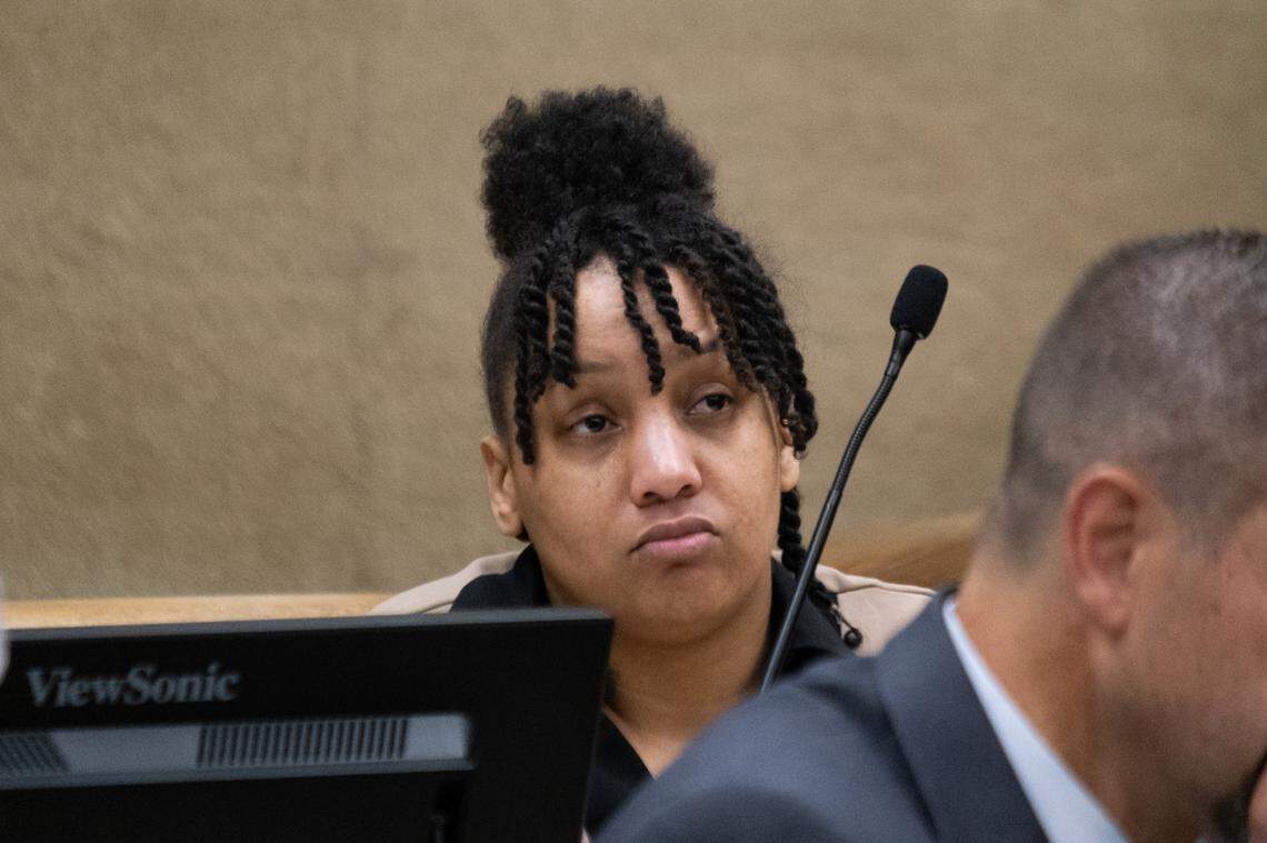 Heather Hunt listens to opening statements during the trial against her and her co-defendants, Joshua Murphy and Tremaine Jones, in San Luis Obispo Superior Court on June 17, 2025. Jones, Murphy and Hunt are accused of conspiring together and sex trafficking a 15-year-old girl. 