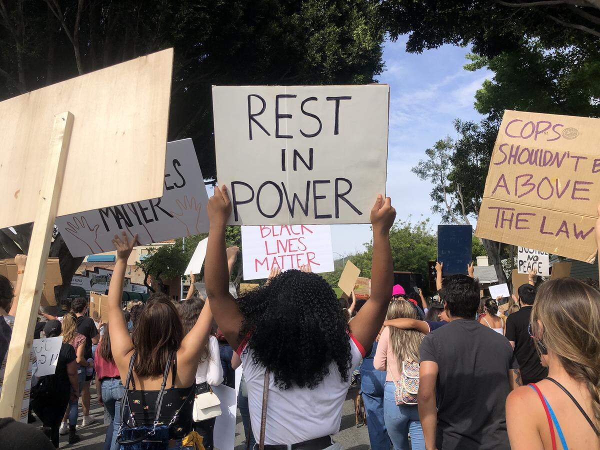 A protest march wound through downtown San Luis Obispo in response to the Minneapolis killing of George Floyd last summer.