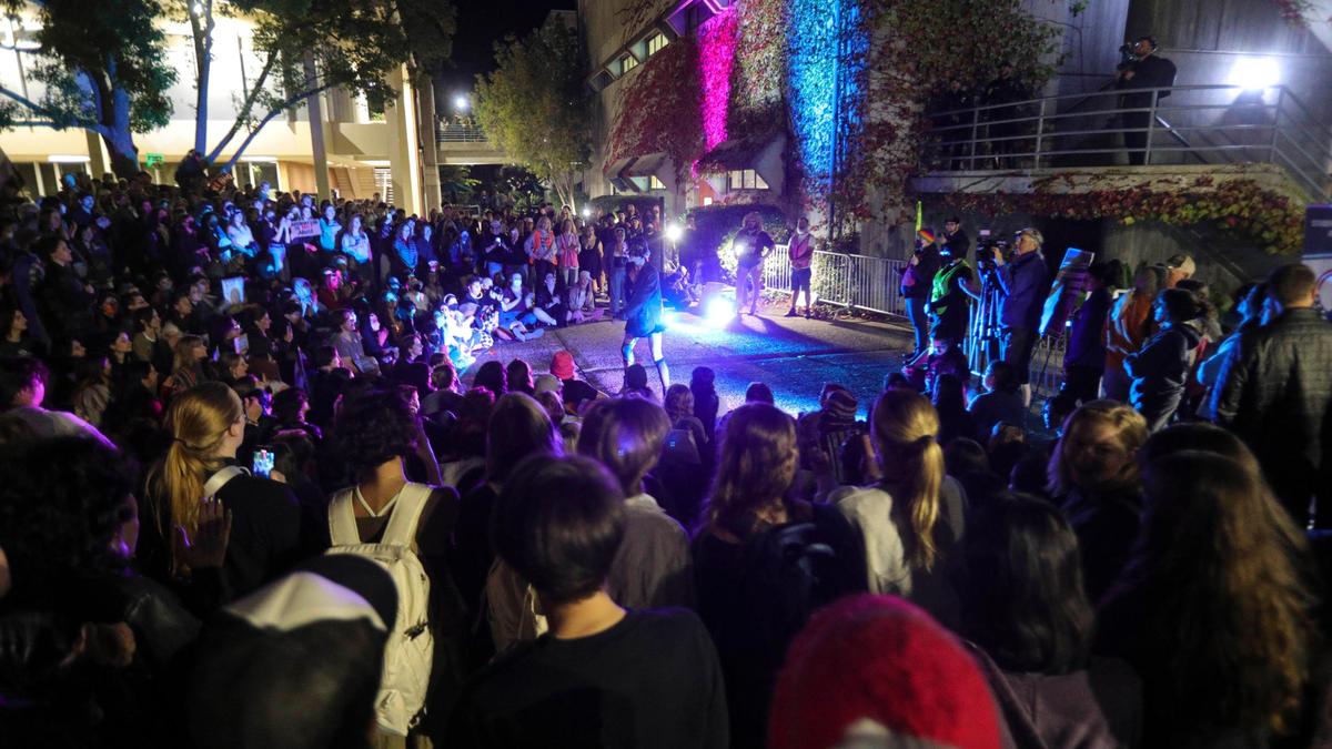 Supporters of the LGBTQ+ community gathered for a protest drag show on Cal Poly’s campus where anti-transgender activists Chris Elston and Chloe Cole spoke Dec. 5. 2023.
