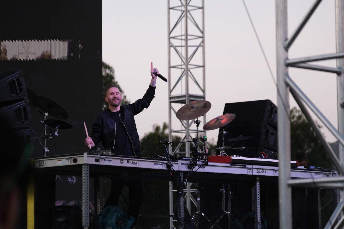Galantis performs at Cal Poly’s “Morning on the Green” music festival as the sun rises on March 15, 2025. The festival was sponsored by the university to give students a safer option instead of partying in the streets on St. Fratty’s Day.