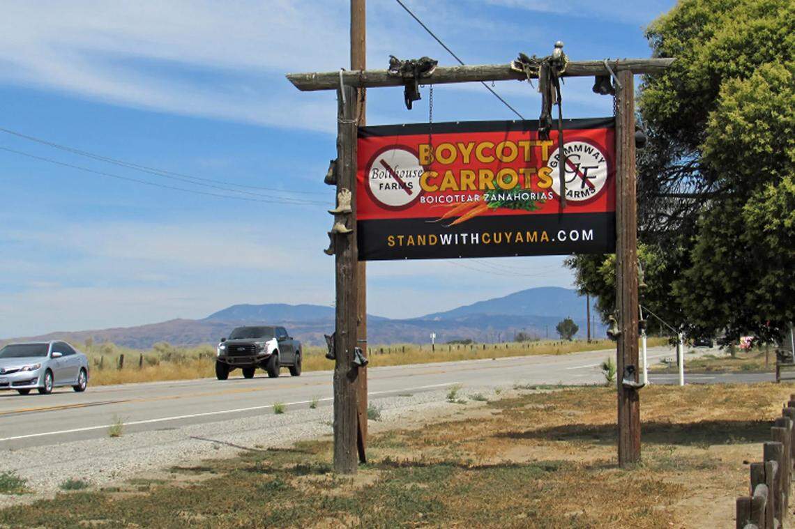 A “Boycott Carrots” sign in the Cuyama Valley is posted in response to the legal action by two growers who have sued property owners over water rights.