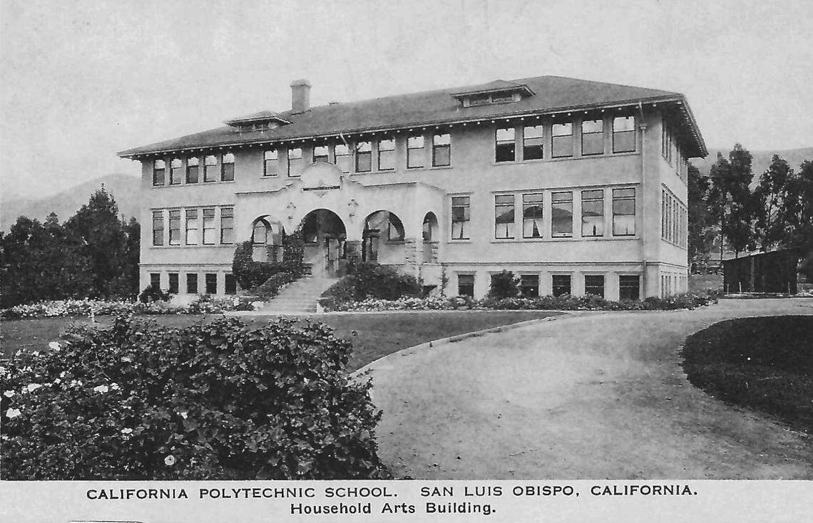 A post card showing one of the three original buildings on the Cal Poly campus, the Household Arts Building designed by William Weeks. Ground was broken for construction February 1906 and completed in autumn. It had a cooking laboratory, herbarium, classrooms, offices, applied arts dressing rooms and showers for women. It later became the Agricultural Education Building.