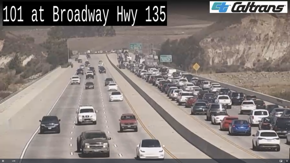 Traffic backed up on Highway 101 in Santa Maria and Nipomo after car fire on Saturday, Sept. 6, 2025.