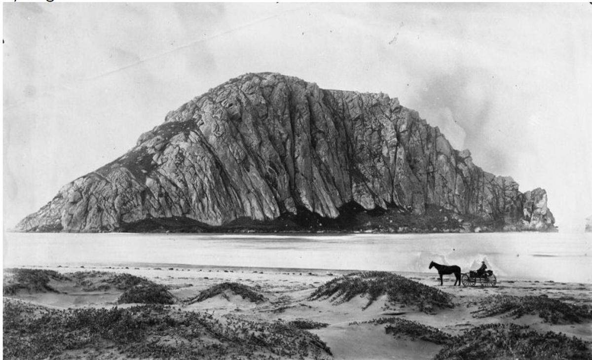 A photo from the 1880s shows Morro Rock before it was quarried. The picture is a screencapture from a video produced by the Central Coast State Parks Association.