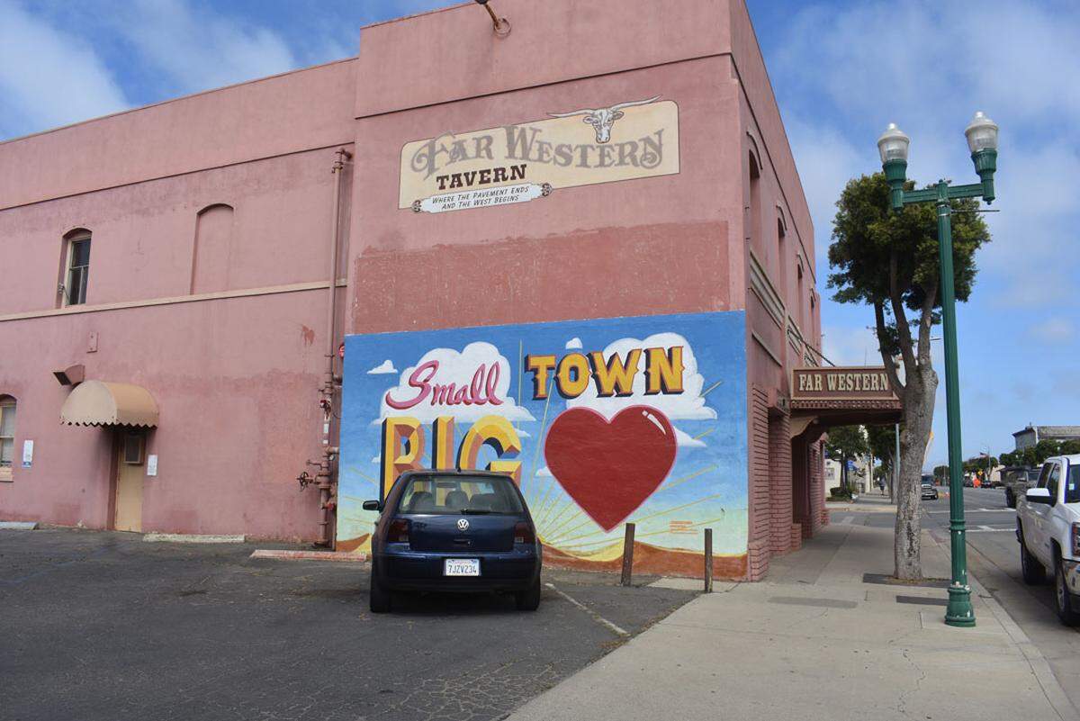 A mural adorns the side of the building in Guadalupe that formerly housed the Far West Tavern. The building has been proposed for inclusion on the California Register of Historical Resources.