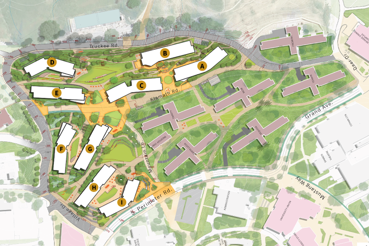 Over the next decade, Cal Poly will add about 4,100 beds to campus housing in nine eight- and nine-story buildings on the existing site of the K1, K2 and R1 parking lots and the North Mountain residence halls. 