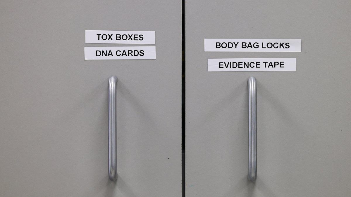 A cabinet stores supplies for autopsies at the San Luis Obispo County Sheriff-Coroner’s Office, seen here on Feb. 16, 2023.