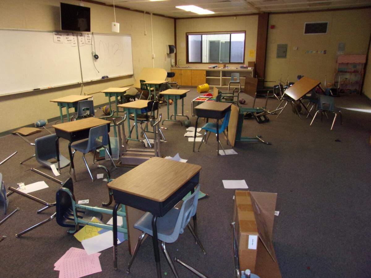 A Oceano Elementary School classroom shown ransacked before classes started on Monday morning. The damage to the two classrooms vandalized is estimated at $7,000.