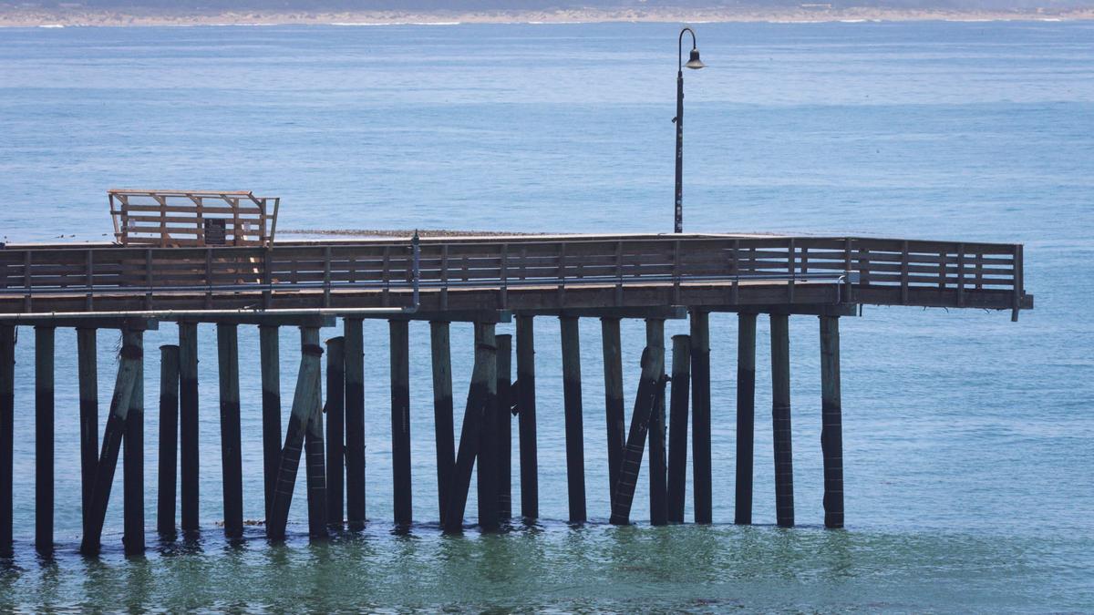 The end of Cayucos Pier was damaged and is sagging after a Feb. 20, 2024, storm when pilings were washed away. Richard Brady and Associates were conducting a visual inspection in June 2024 for San Luis Obispo County Parks and Recreation Department. This view is from June 25, 2024.