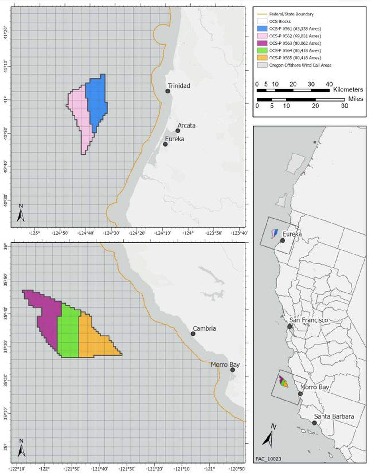 This map by the Bureau of Ocean Energy Management shows where off the coast of California there are lease areas for floating offshore wind turbines.