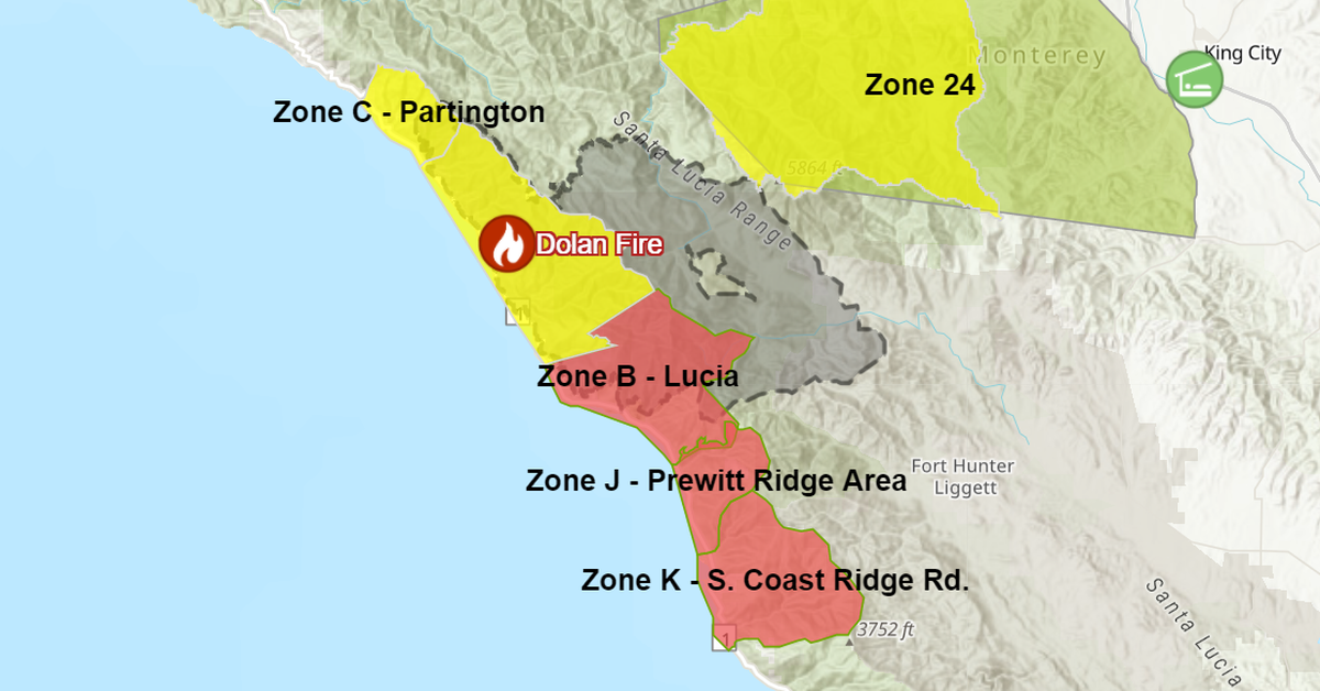 The South Coast Ridge, Lucia and Prewitt Ridge areas were all under evacuation orders due to the Dolan Fire Tuesday.